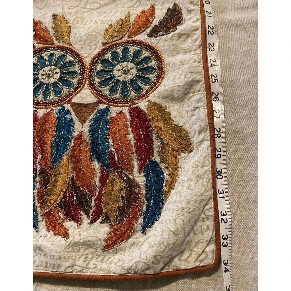 NWT Luxe Habitat Table Runner Boho Beaded Embroidered Owl Thanksgiving Fall